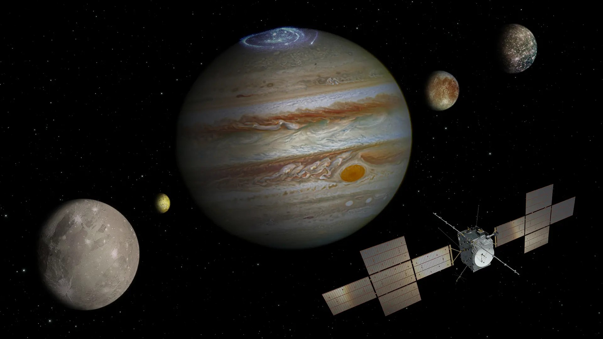 The JUICE probe, Jupiter and its moons. 