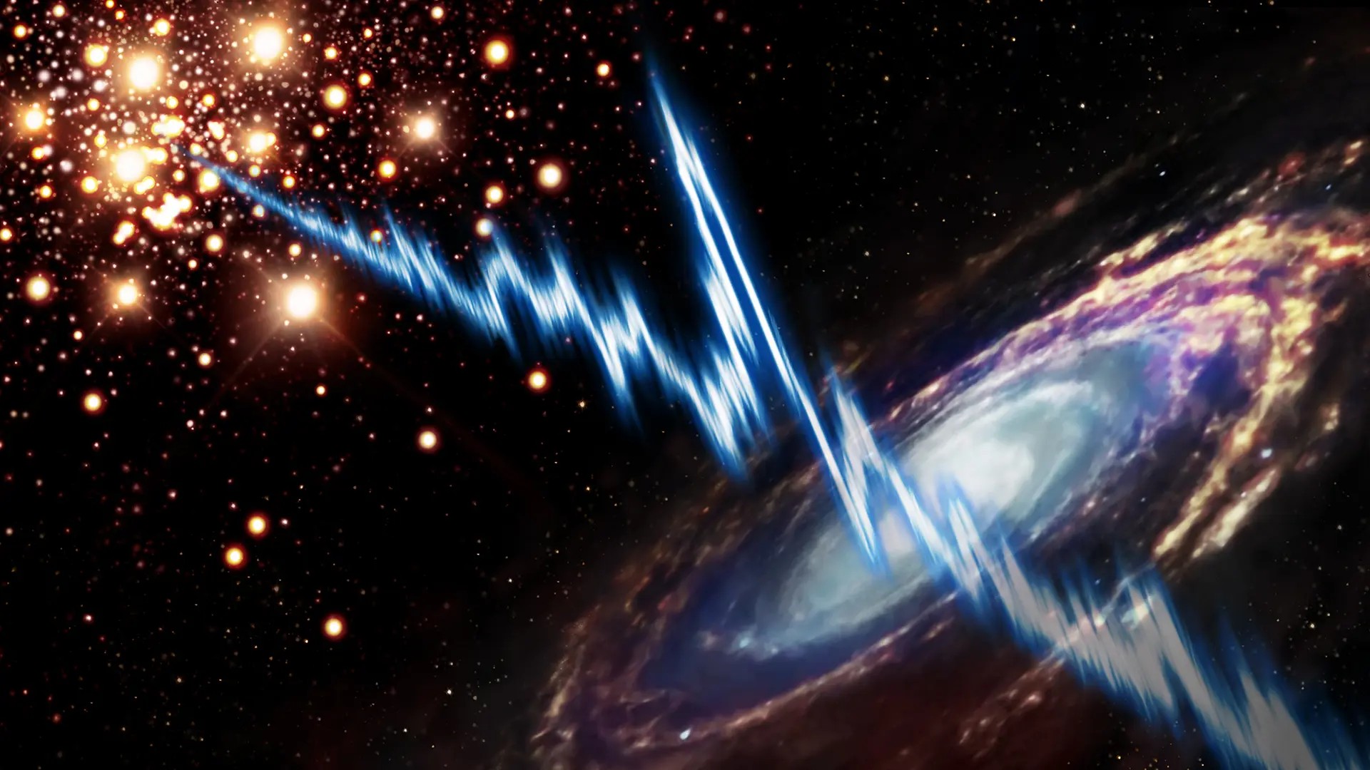 Star cluster illustration with fast radio burst (Credit: Danielle Futselaar artsource.nl)