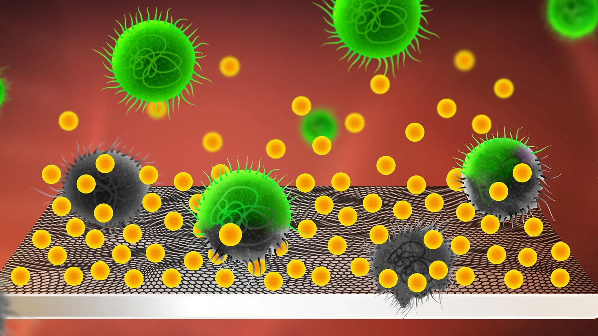 Usnic acin on a graphene coated surface sorrounded by bacteria, illustration. 