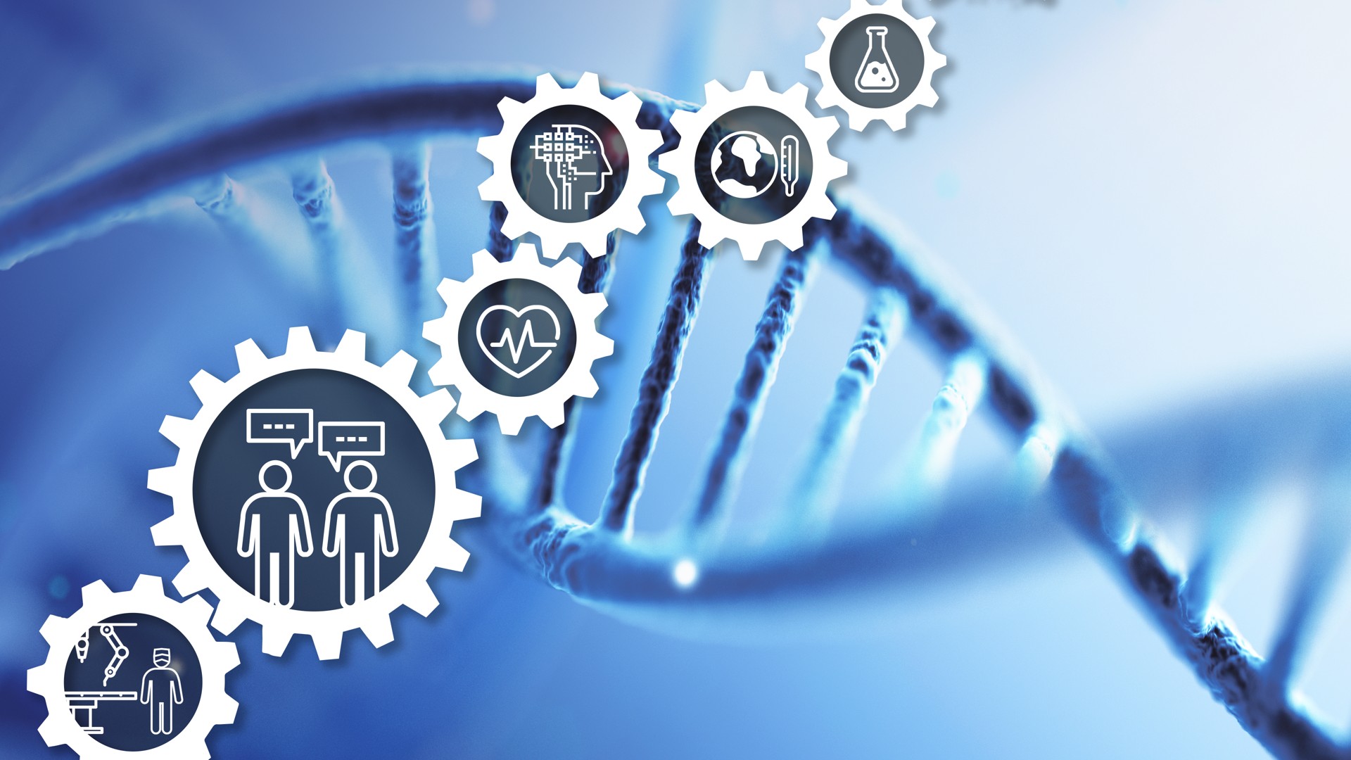 Blue DNA photo with icons symbolising health engineering