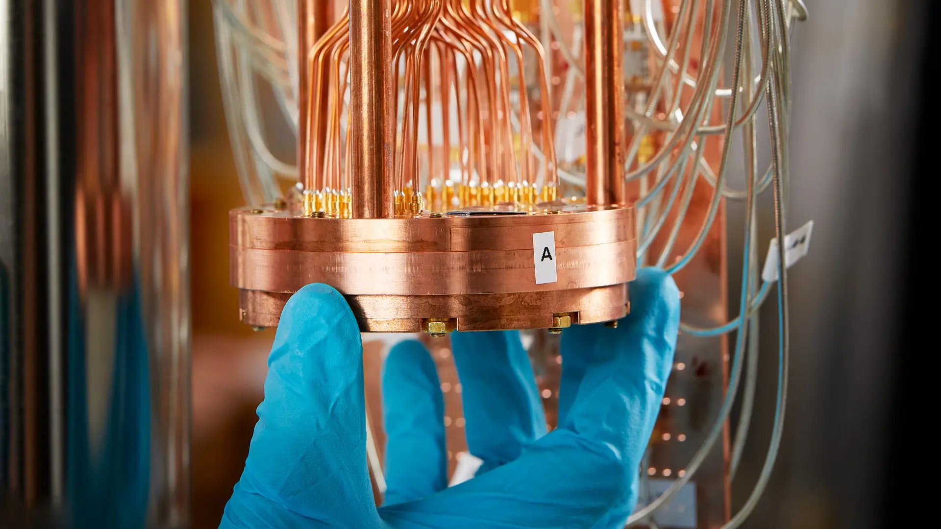A blue-gloved hand holding a quantum processor sample holder.