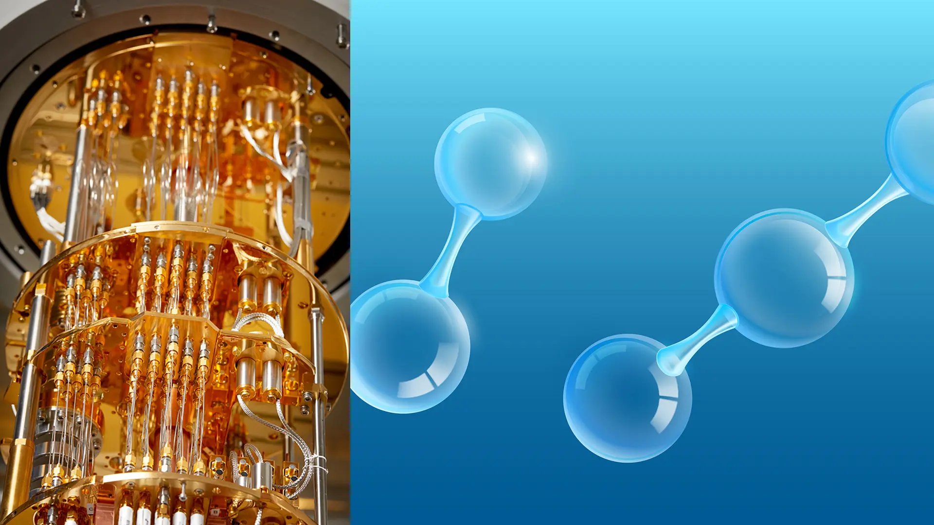 Billdkollage fot på kvantdator och illustration med molekyler i 3D