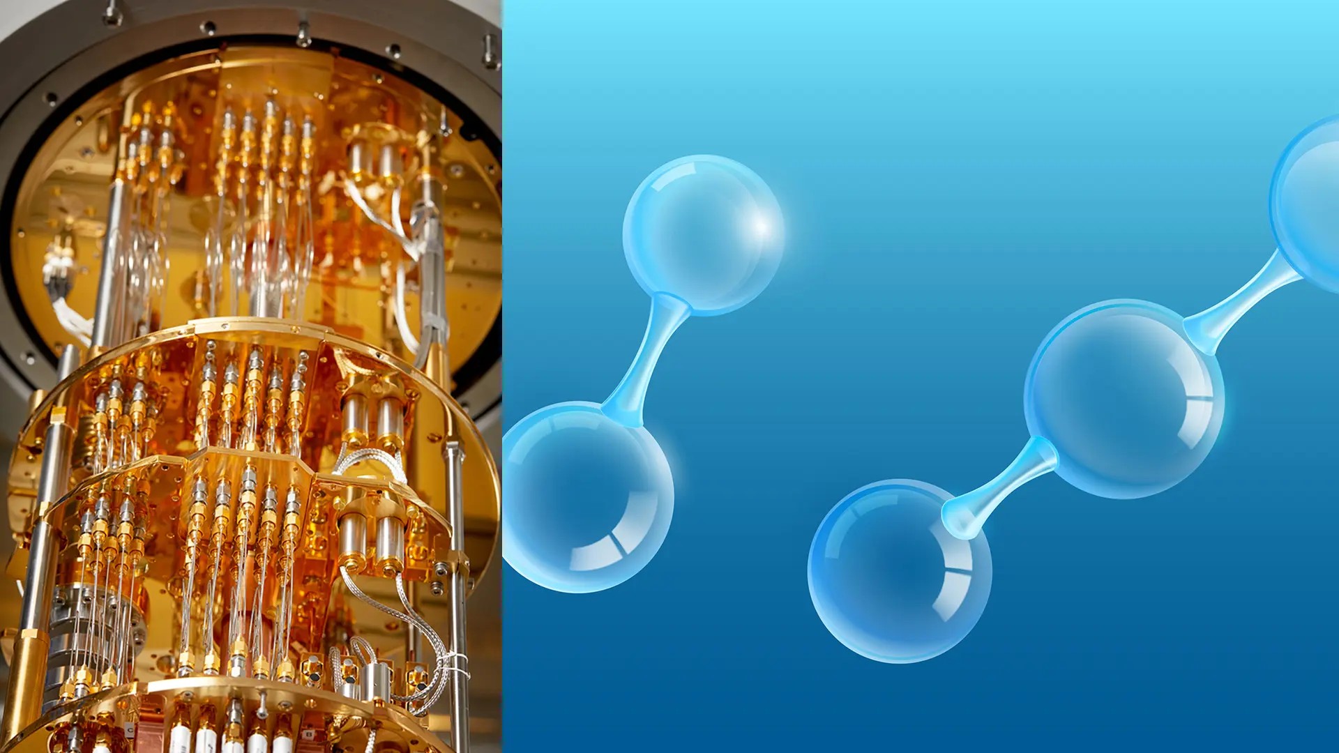 Billdkollage fot på kvantdator och illustration med molekyler i 3D