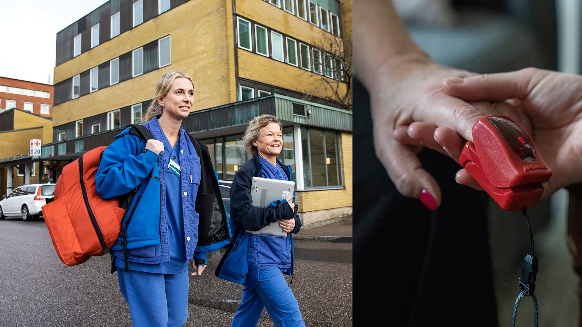 Montage of hospital staff on their way to a patient and a heart rate monitor on a hand.