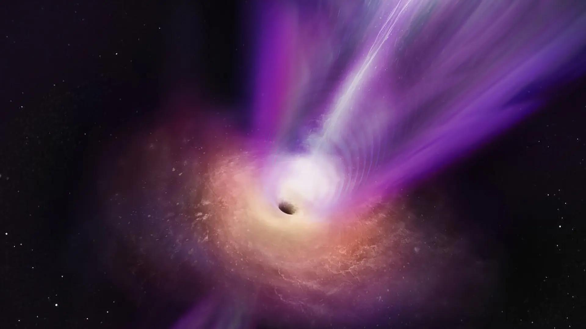 Illustration: svart hål med jetstråle. Bild: Sophia Dagnello, NRAO/AUI/NSF
