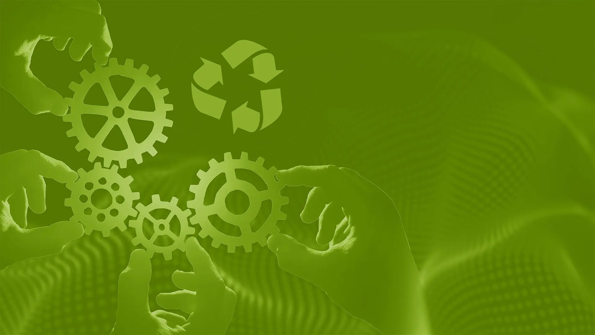 A green illustration with hands holding cogwheels and a recycling symbol
