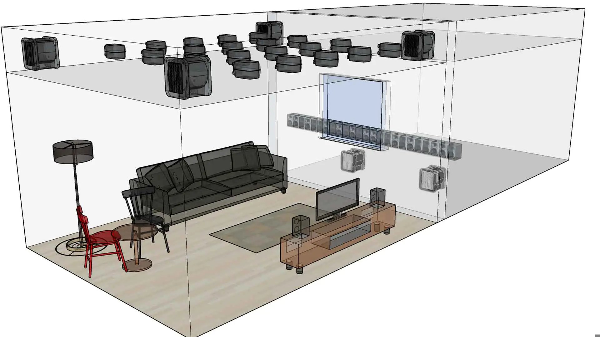 Model of the acoustics lab with hidden loudspeakers