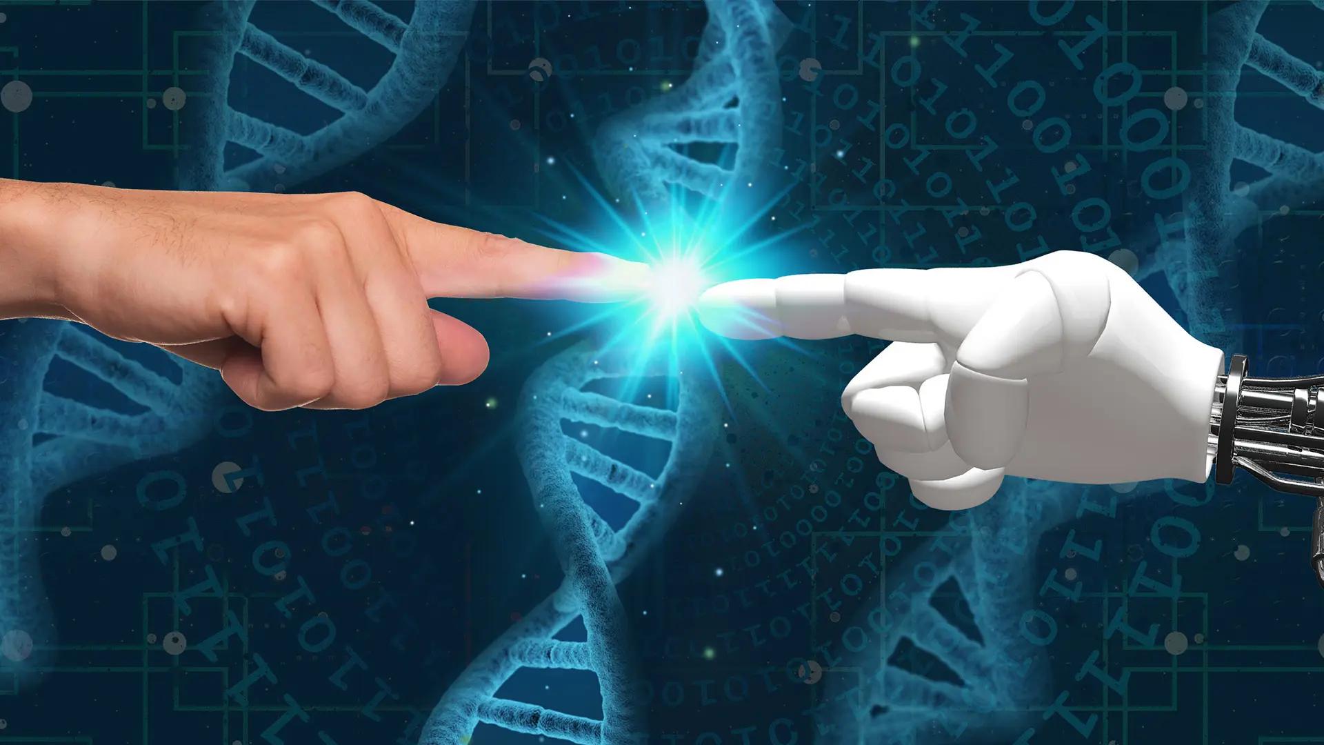 Grafisk illustration över en människohand och en robothand som rör varandra, med en DNA molekyl i bakgrunden