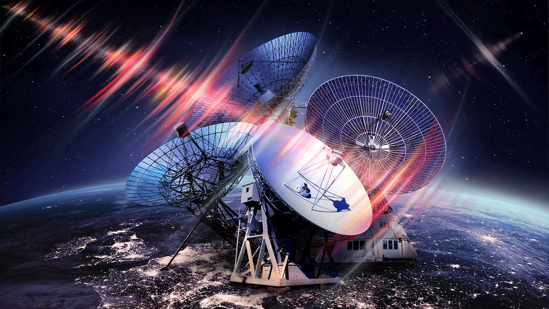Fyra radioteleskop samlade in många ljusstarka radioblixtar från en enda källa – många fler än väntat. Illustration: Daniëlle Futselaar/artsource.nl