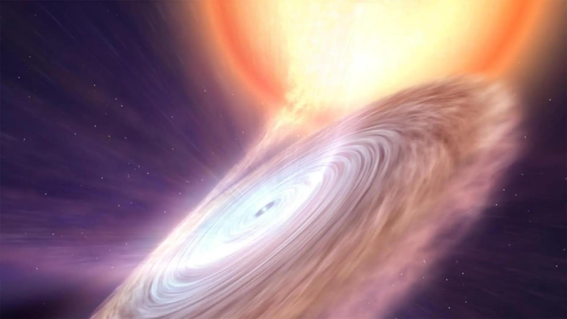 Disken runt det svarta hålet slukar materia från den närliggande stjärnan. 