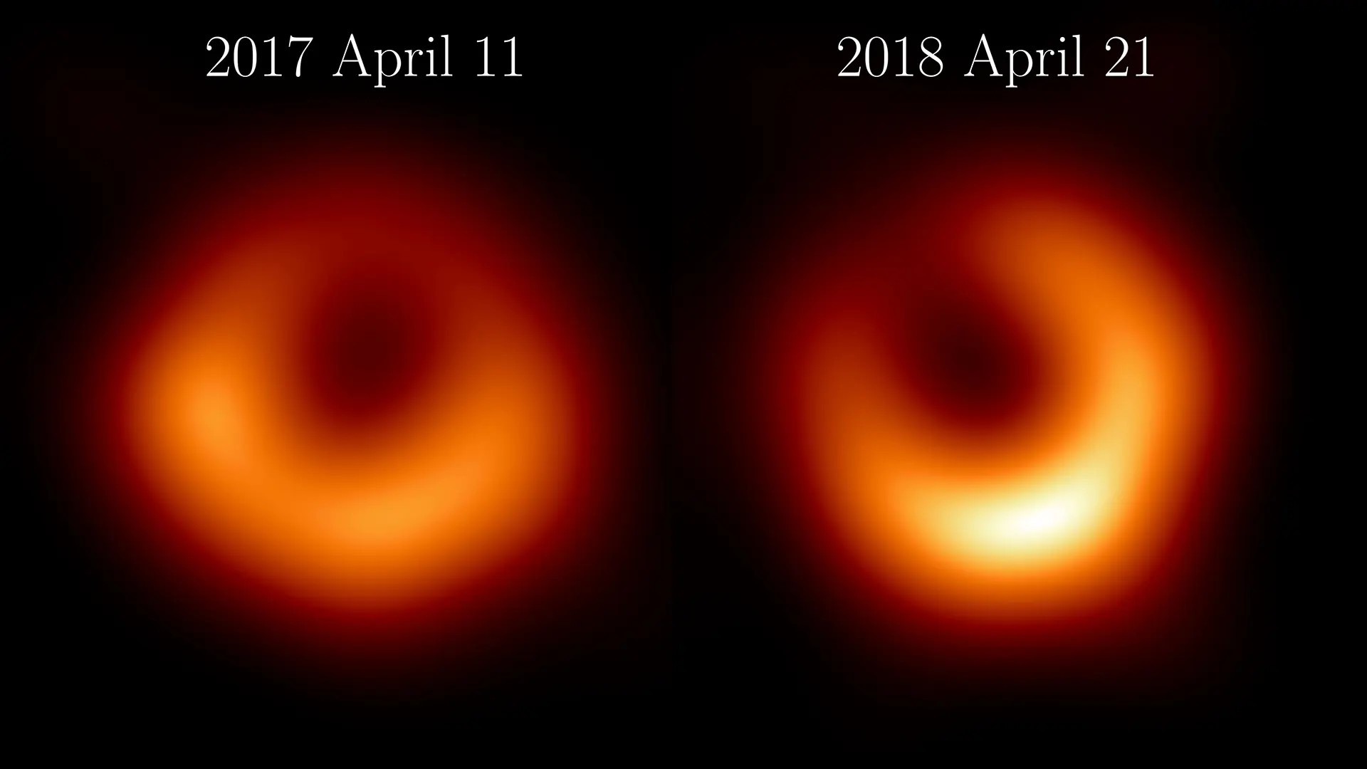 Två bilder på svarta hålet i M87, tagna 2017 och 2018