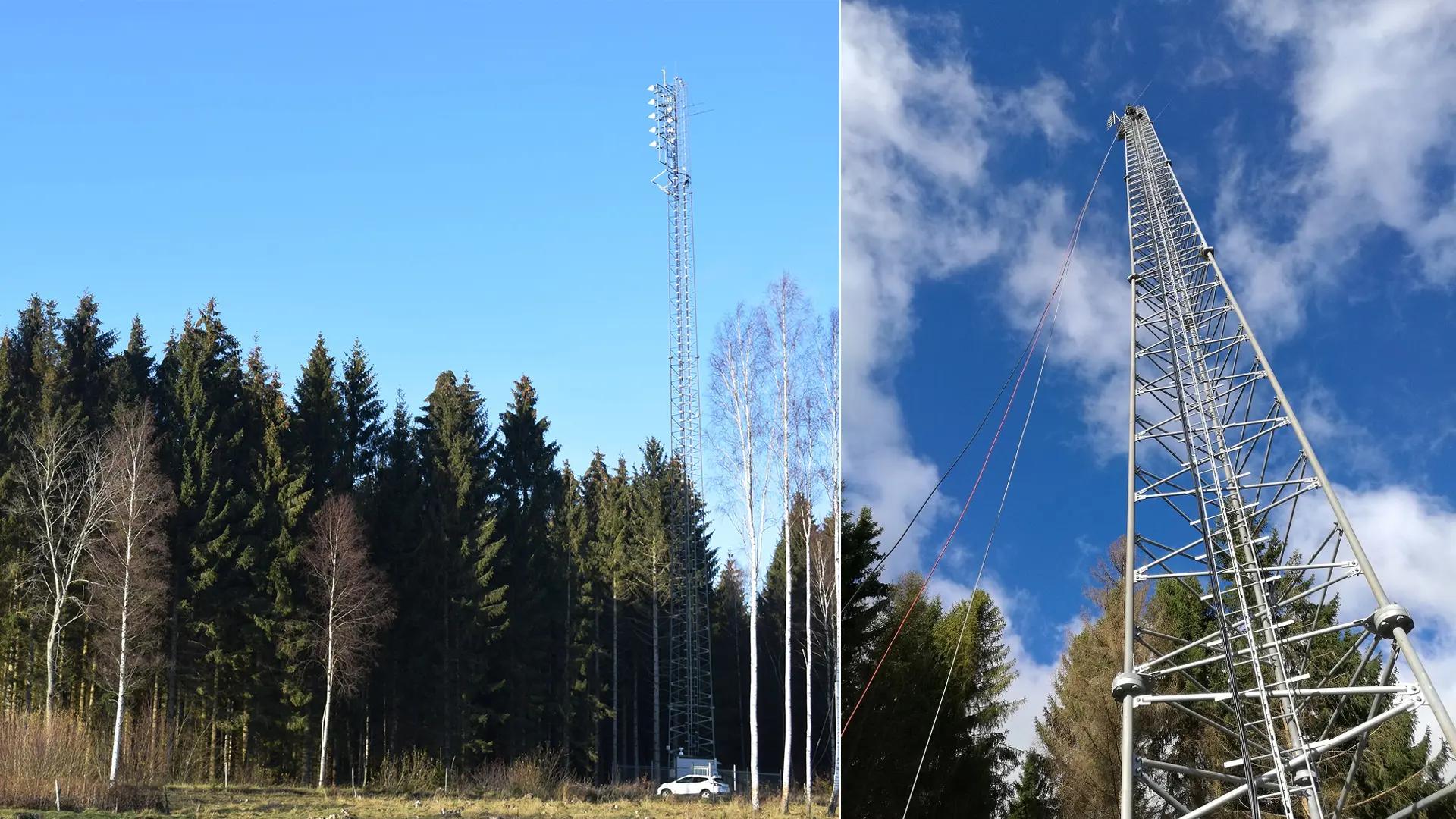 Radartorn i skog från två vinklar. 