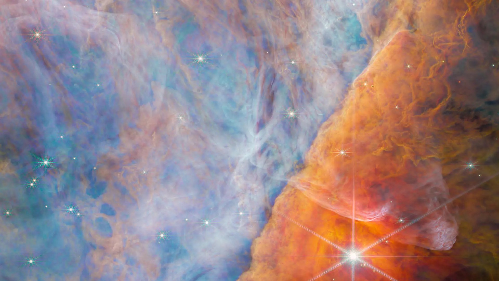 Orionnebulosan enligt rymdteleskopet James Webb, där molekylen CH3+ upptäckts. Bild: ESA/Webb, NASA, CSA, M. Zamani (ESA/Webb), PDRs4All ERS Team 