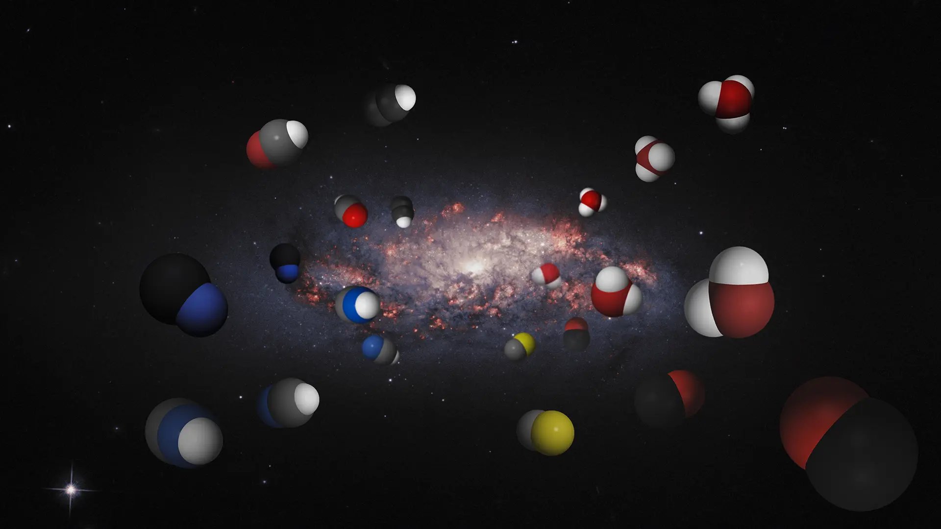 Galaxy image with molecule illustrations