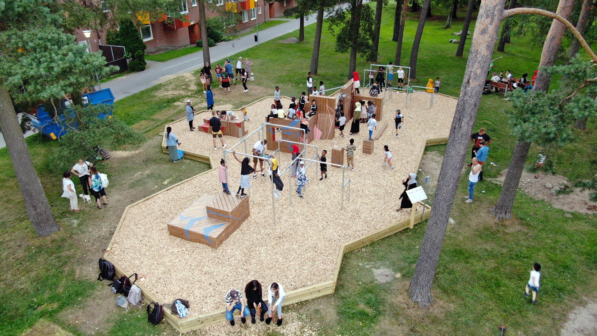 View of a playground with playing children