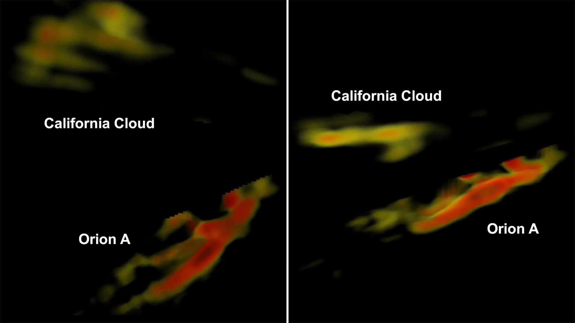Bilder på 3D-modellerna av stoftmolnen California och Orion A.