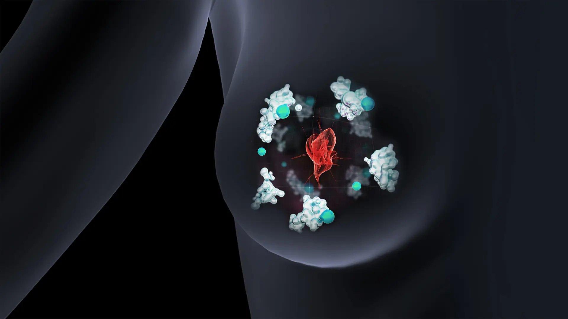 Illustation över ett bröst där man visar hur cancerceller använder sig av ett protein för att binda kopparjoner. 