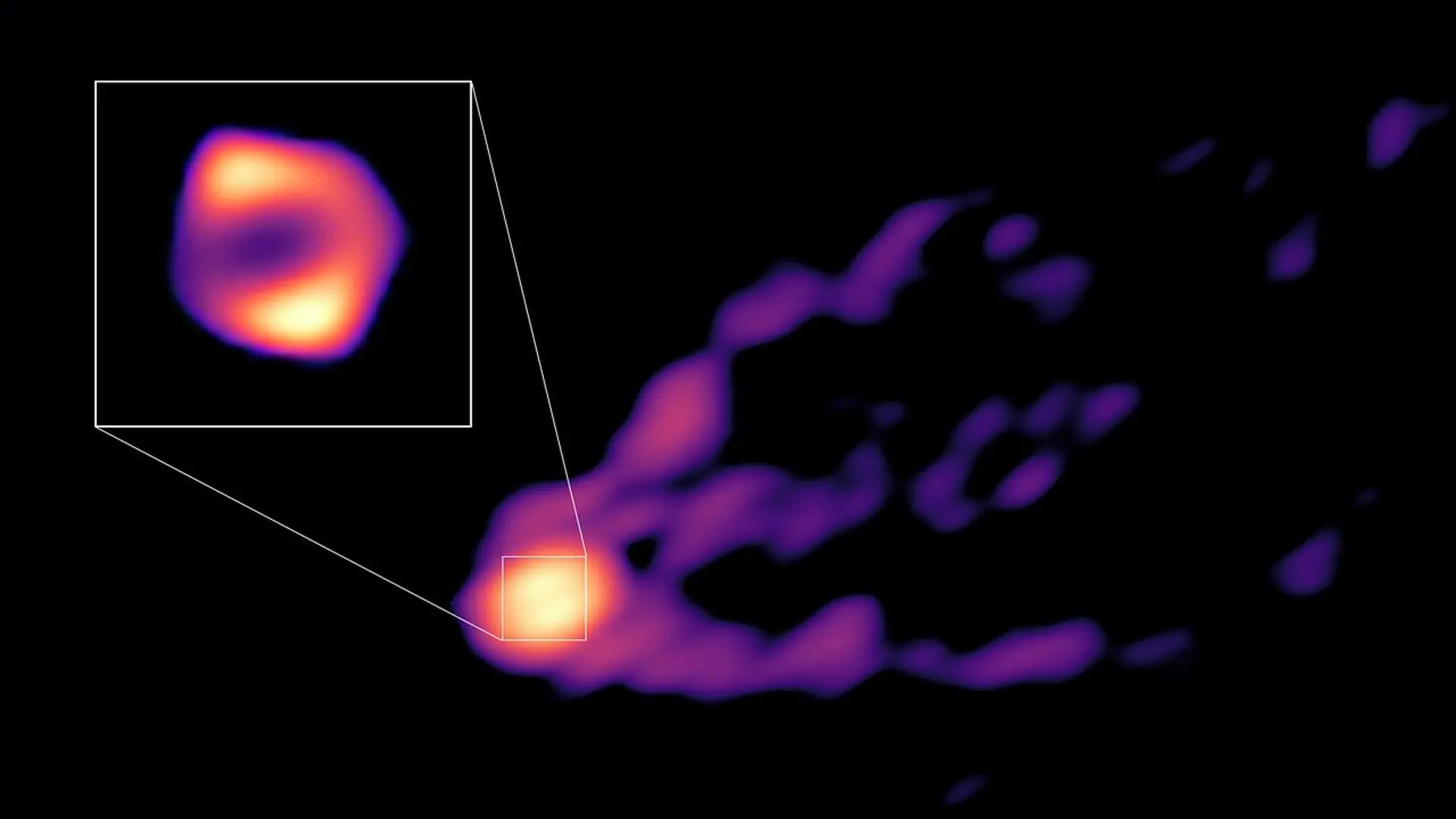 Jetstrålen och skuggan av det svarta hålet i M87.  Bild: R. Lu & E. Ros (GMVA), S. Dagnello (NRAO/AUI/NSF)
